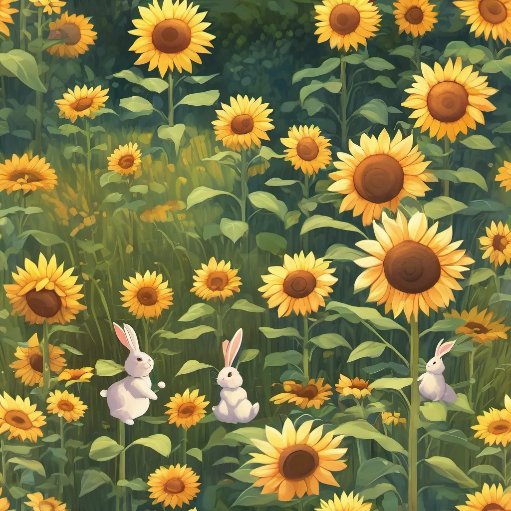 The rabbit hopping towards tall, bright sunflowers with a beaming smile.