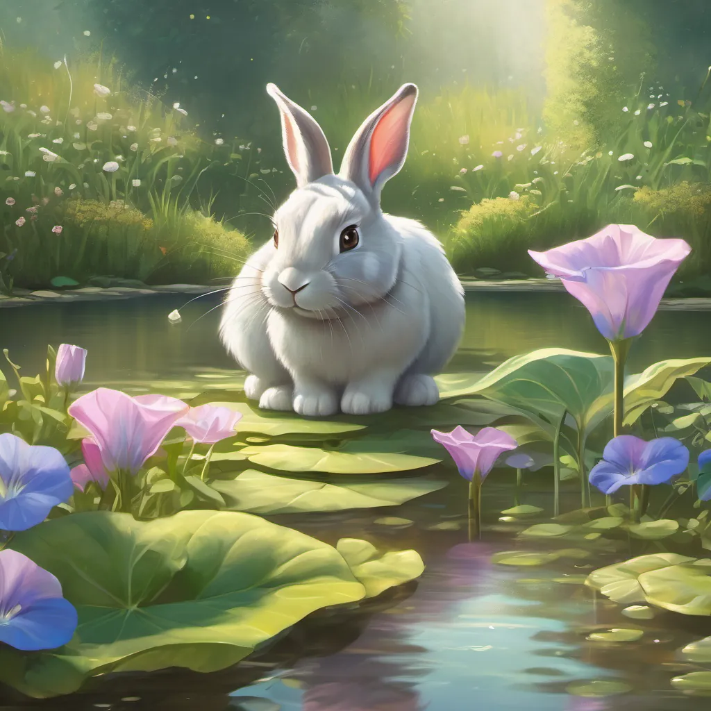 The rabbit next to a sparkling pond, bending down to drink water, with morning glory flowers nearby.