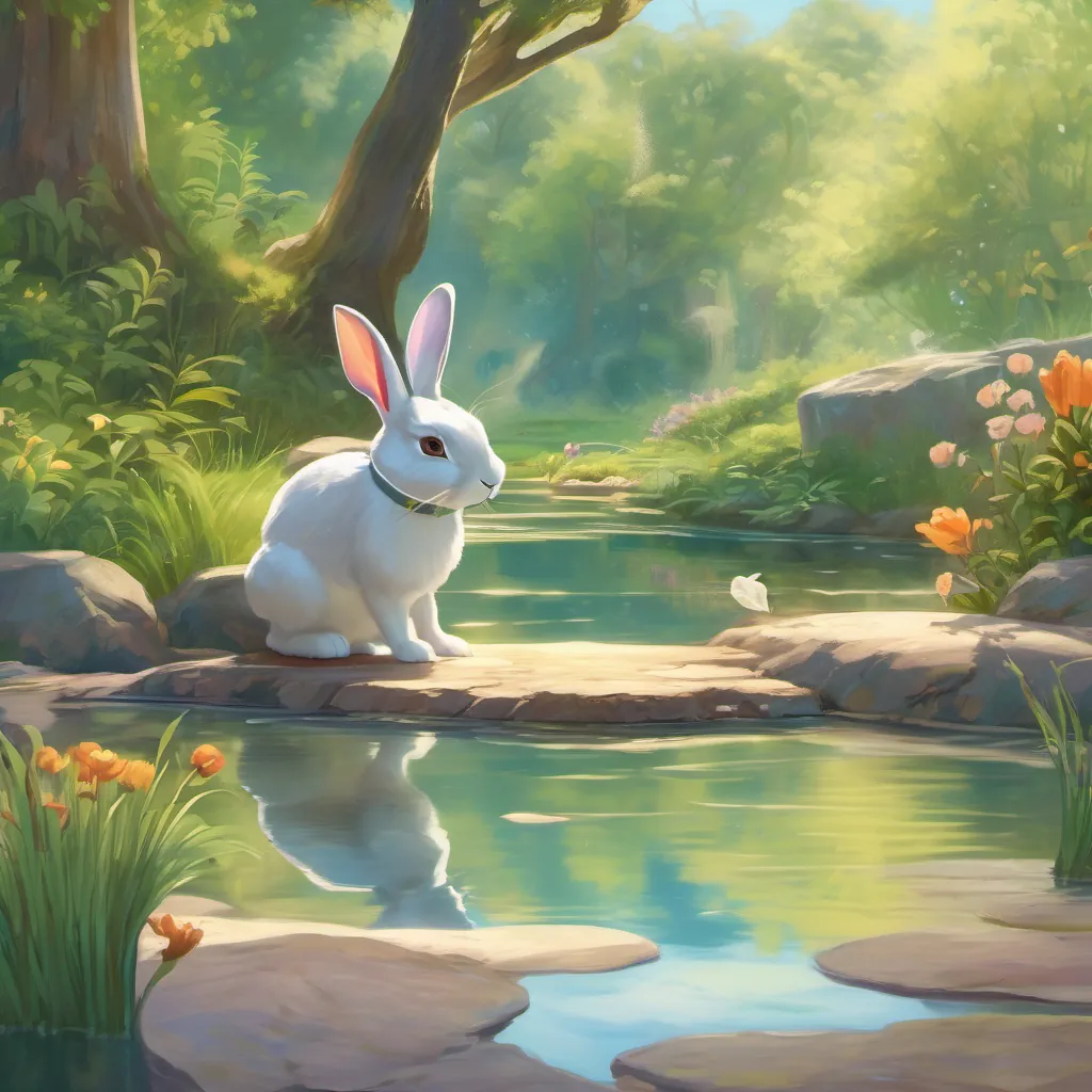 The rabbit taking a refreshing drink from a crystal-clear pond, looking relieved and happy.