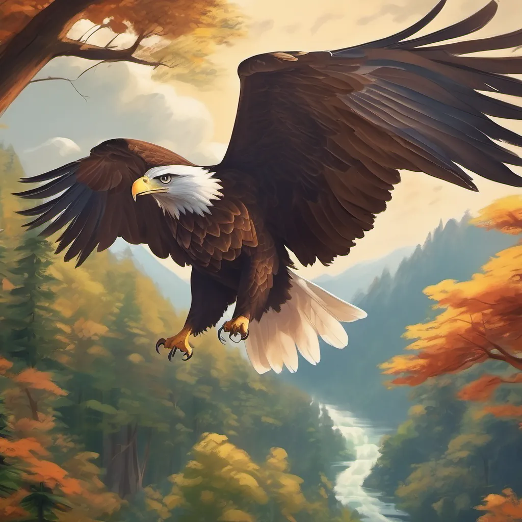 A majestic eagle soaring high above the forest, scanning below for prey.