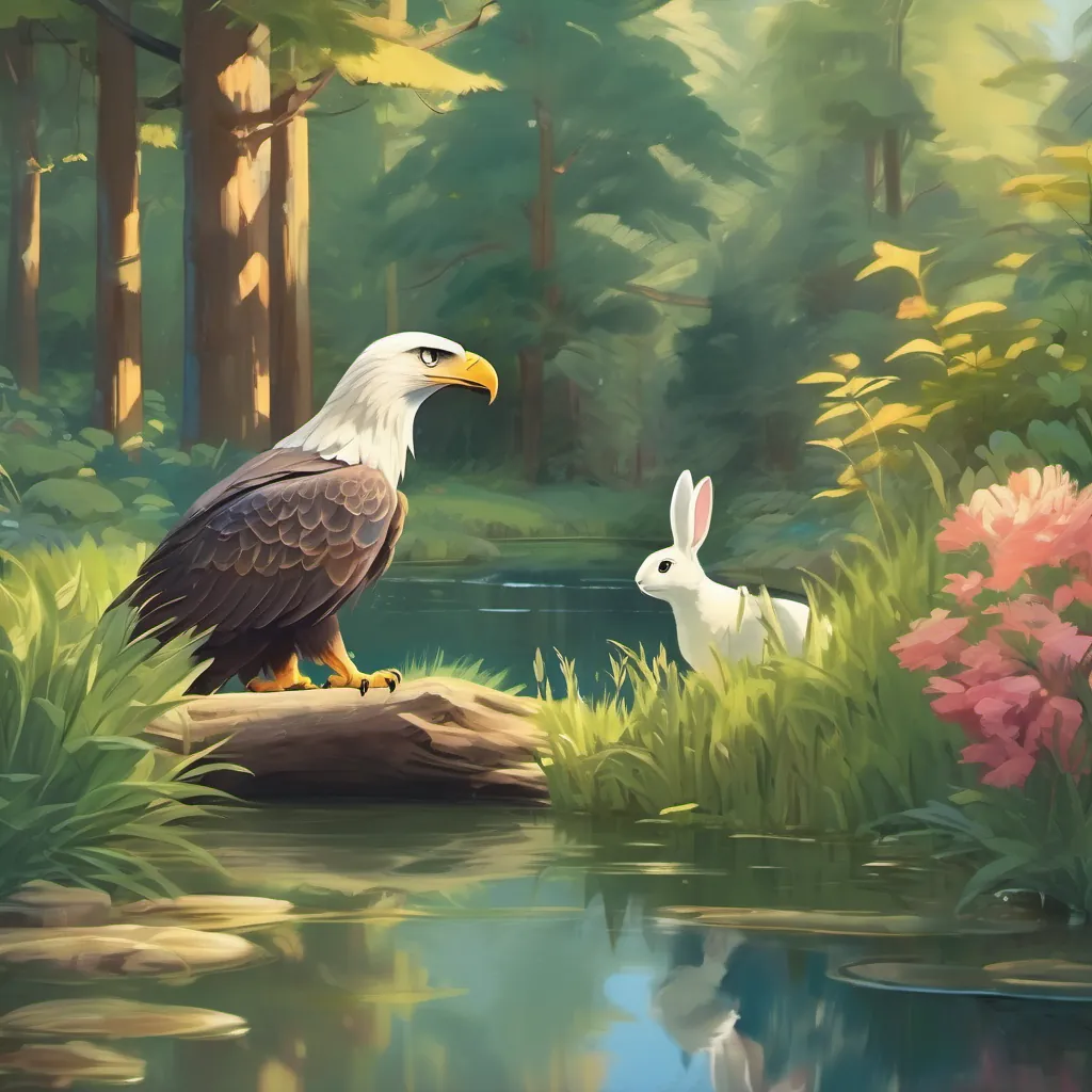 The eagle's sharp eyes spotting the little rabbit by the pond.