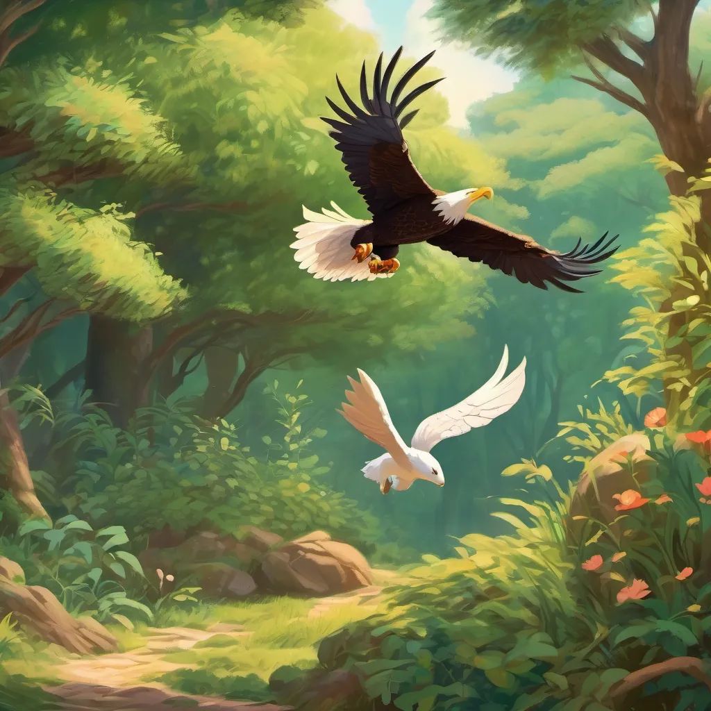 The eagle diving towards the ground, while the rabbit quickly hides among dense bushes.