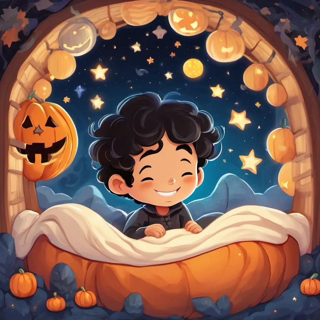 Curly black hair, brown eyes, and a bright smile sleeping in his cozy bed with a big smile on his face. A dream bubble above him showing the Roof of Dreams with colorful stars.