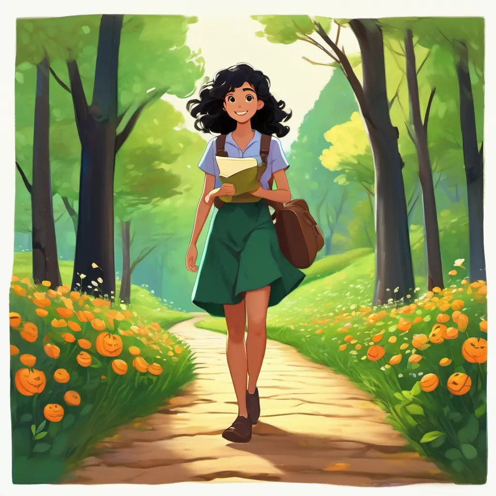 Curly black hair, brown eyes, and a bright smile walking with determination, holding a small bag, map, and notebook. The scenery shows a lush green field with flowers, a flowing river, and tall trees in the forest.