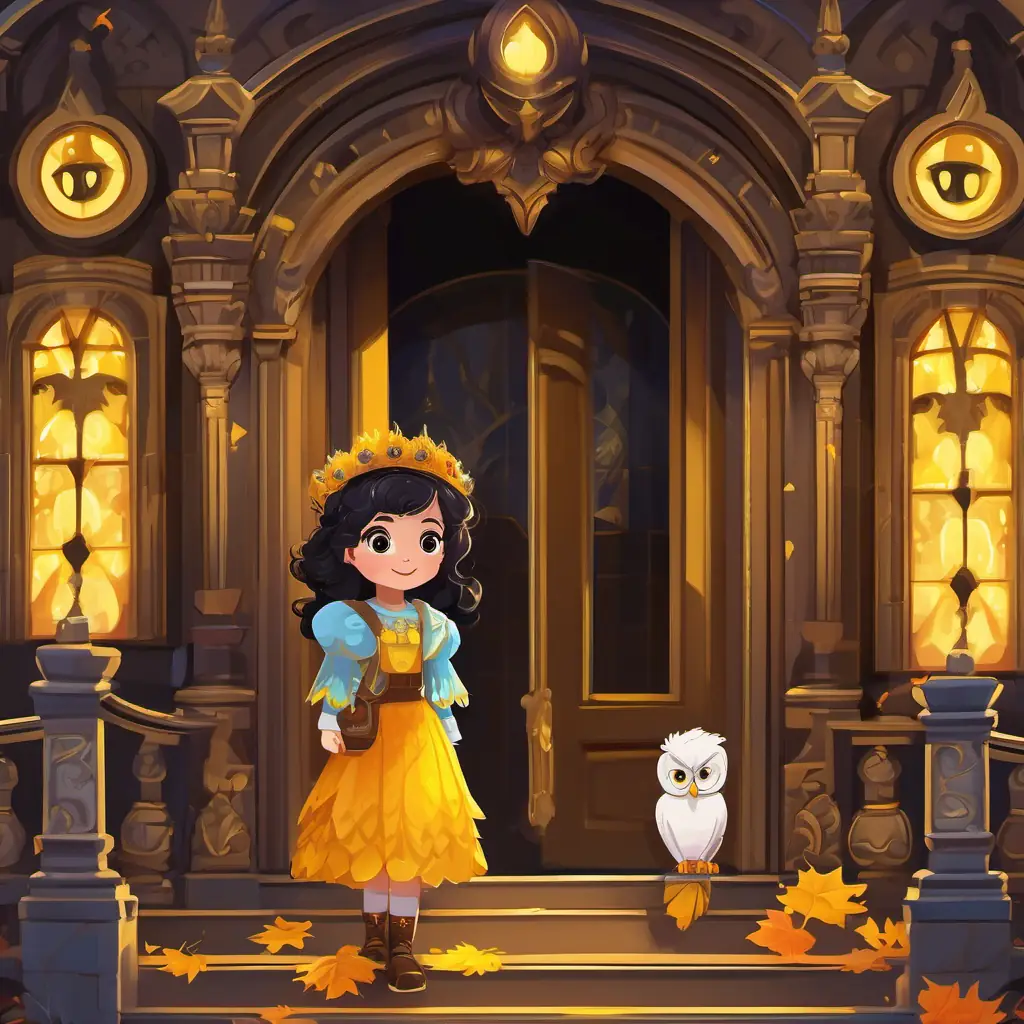 Curly black hair, brown eyes, and a bright smile and A wise owl with bright yellow eyes and soft velvet feathers standing at the entrance of the castle, looking up at the grand staircase. The castle has intricate designs and windows. The Roof of Dreams shines with colorful dreams above them.