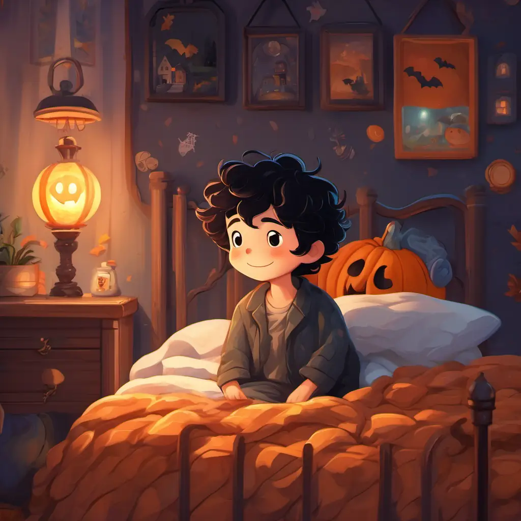 Curly black hair, brown eyes, and a bright smile sitting on the edge of his bed, closing his eyes and making a wish. His room is filled with cozy elements like a soft blanket, stuffed toys, and a night lamp.