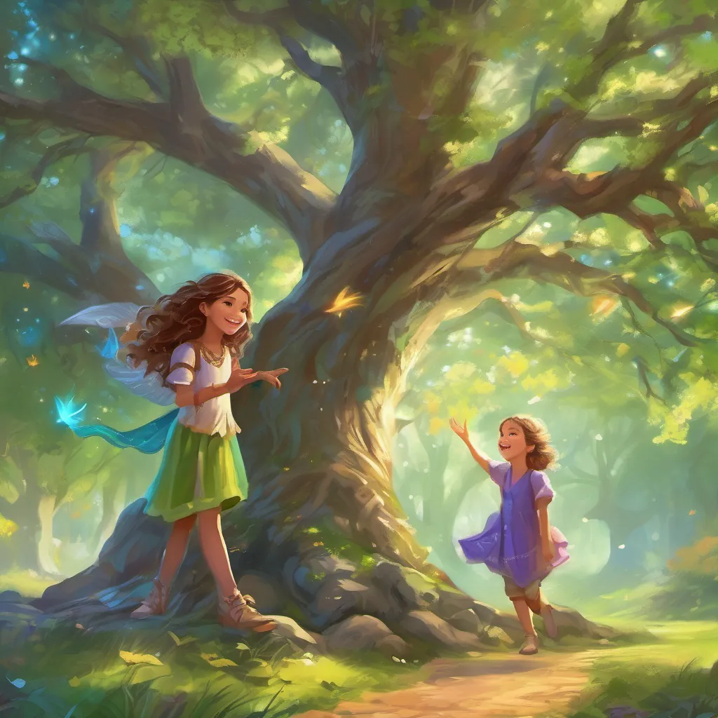 Children named A swift and playful girl with a bright smile, wearing colorful clothing, A brave and adventurous boy with twinkling eyes and a fearless grin, and A friendly and cheerful boy who loves to wave at everyone standing under a majestic oak tree in a lush green park.