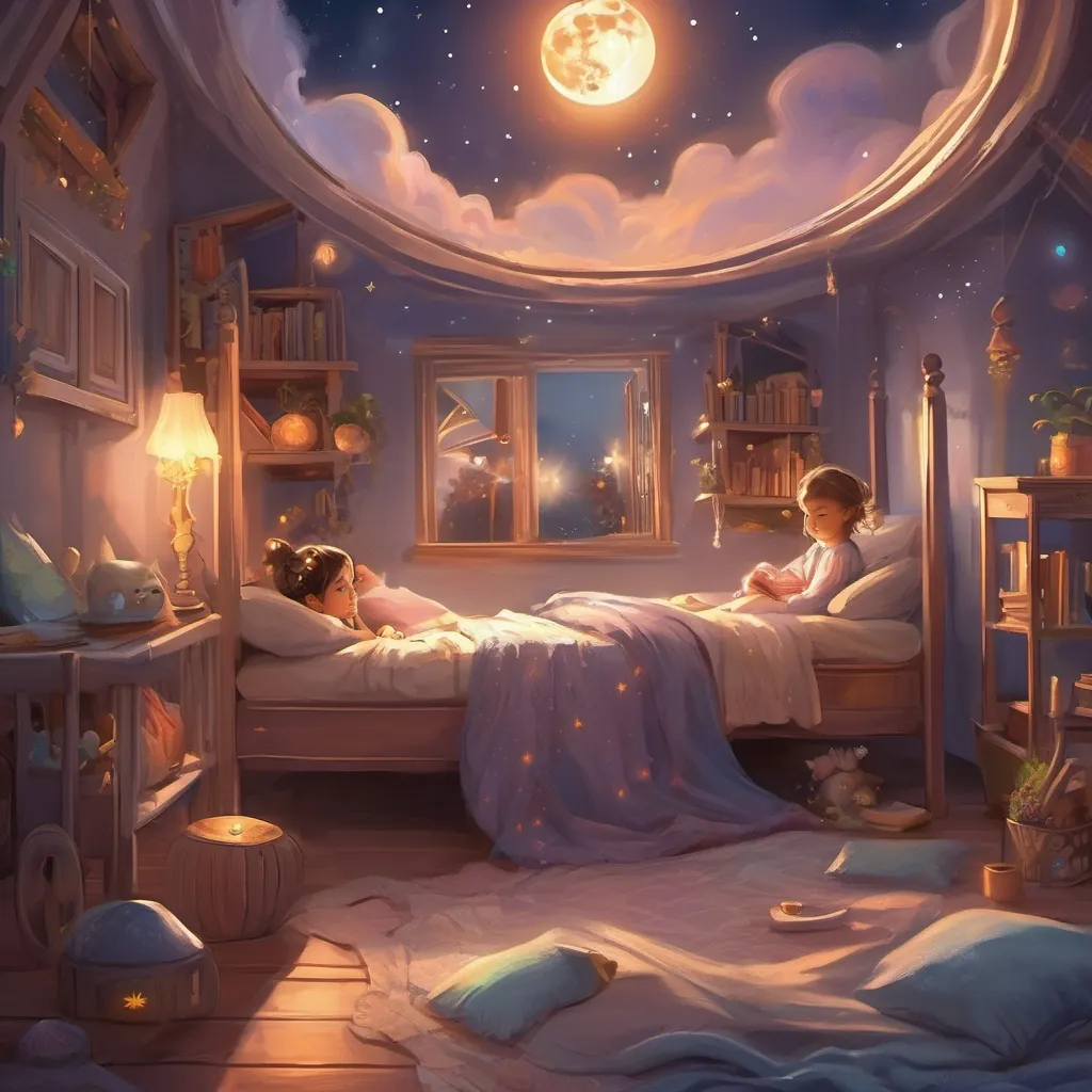 Children tucked into their beds at night, with the moon shining bright, thinking happily about their fun day.