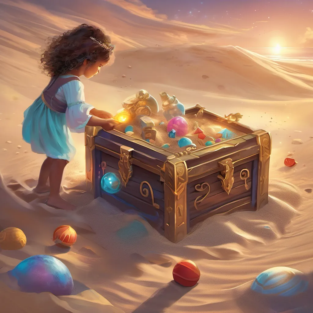 Children discovering a treasure chest under the sand filled with toys in the sandbox of the playground.