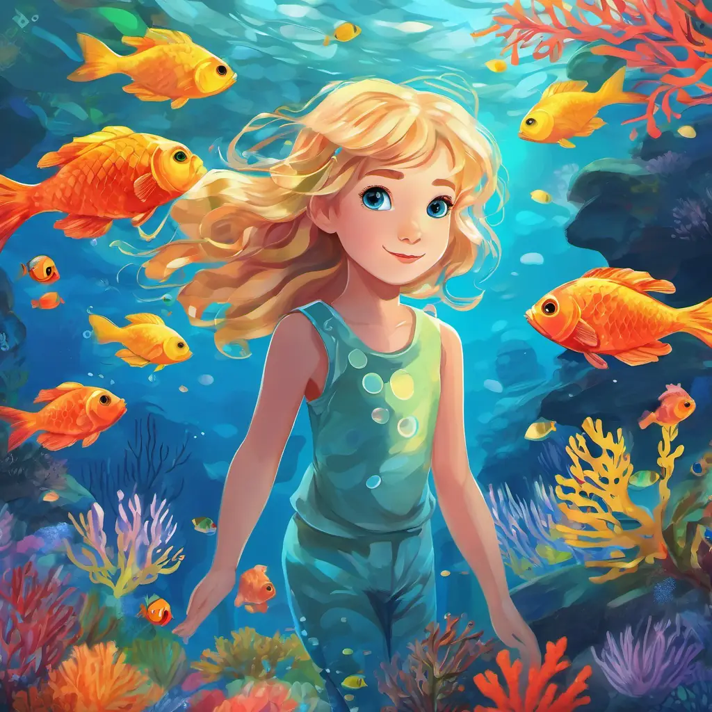 Lily - a little girl with golden hair and bright blue eyes swimming underwater with colorful fish and vibrant coral reefs.