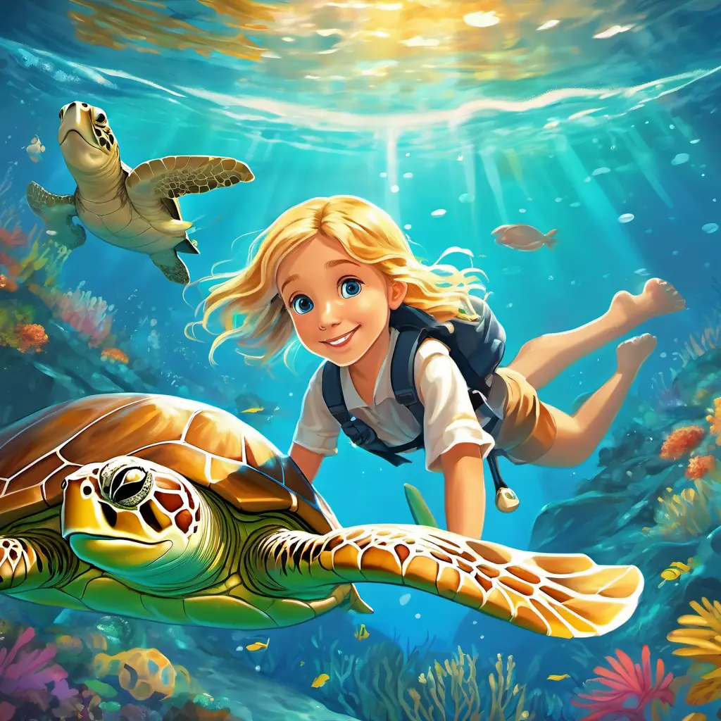 Lily - a little girl with golden hair and bright blue eyes swimming alongside a friendly sea turtle with a treasure map.