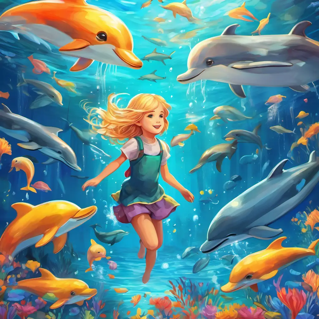 Lily - a little girl with golden hair and bright blue eyes surrounded by dolphins jumping out of the water and colorful jellyfish floating around her.