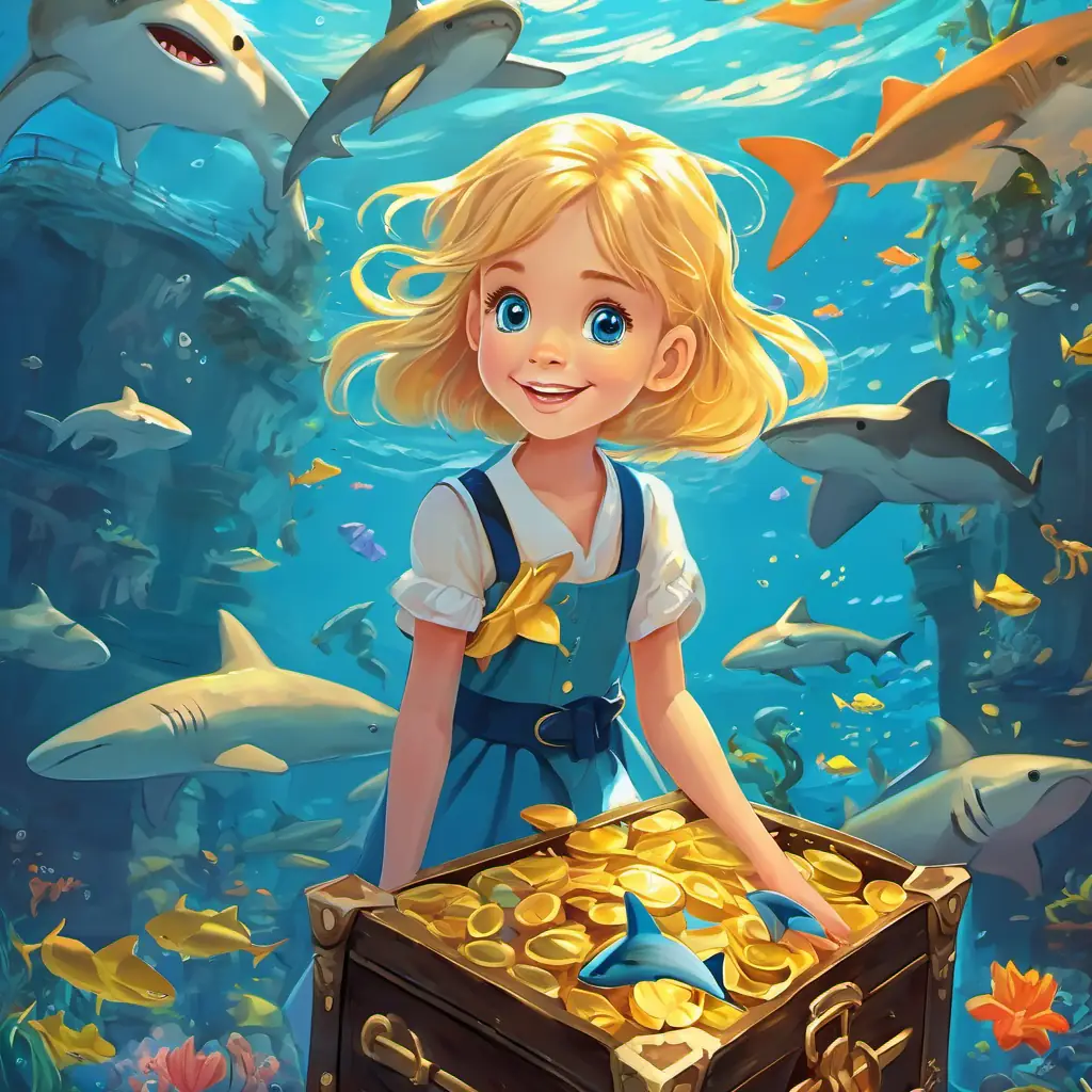 Lily - a little girl with golden hair and bright blue eyes swimming with smiling sharks near the sunken ship and opening the treasure chest.