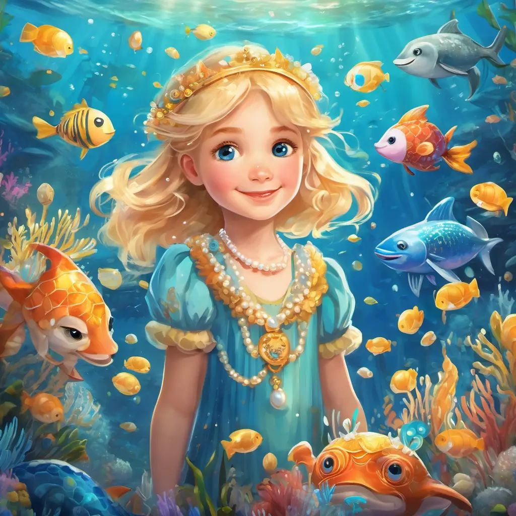 Lily - a little girl with golden hair and bright blue eyes wearing a glittering pearl necklace, surrounded by happy sea creatures.