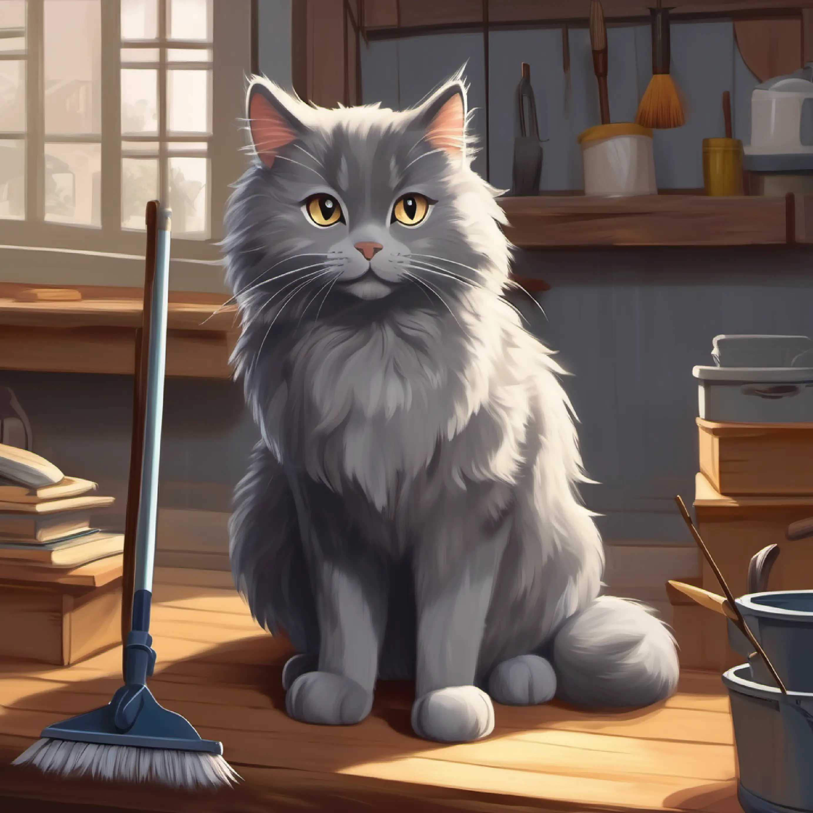 Grey cat, wise eyes, fluffy tail, always curious preparing the school, cleaning shed, hard work