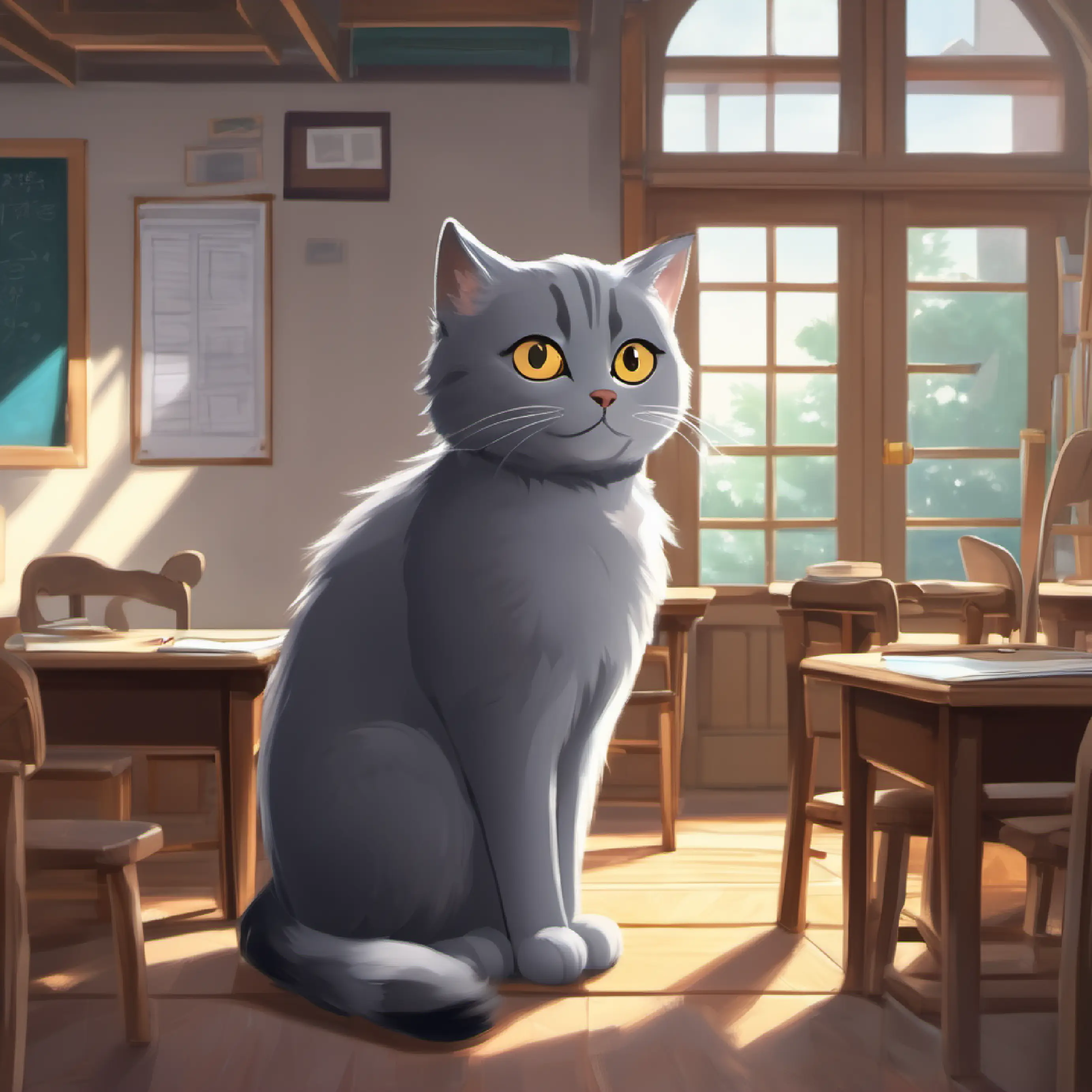 Classroom setup continues, Grey cat, wise eyes, fluffy tail, always curious paints, anticipation builds