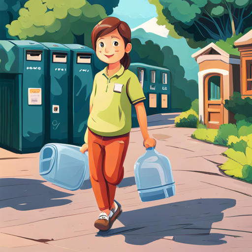 Emily happily walking with the plastic bottle to the recycling bin