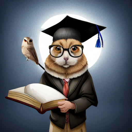 A A cute rabbit with a graduation hat, holding a book looking up at the A wise old owl with glasses and a graduation hat with curiosity