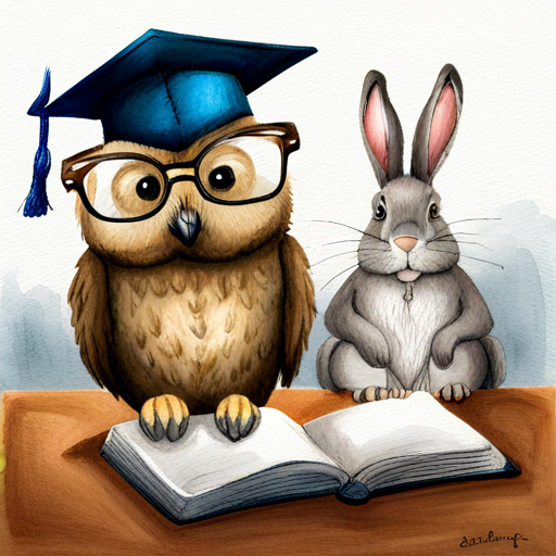 An A wise old owl with glasses and a graduation hat and a A cute rabbit with a graduation hat, holding a book teaching together
