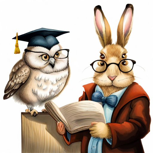 The A wise old owl with glasses and a graduation hat and the A cute rabbit with a graduation hat, holding a book teaching a big group of animals