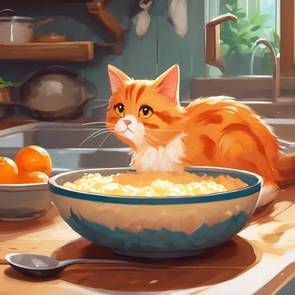 A small cat with orange fur, playful and curious, a small cat with orange fur, found a bowl of sticky rice in the kitchen.