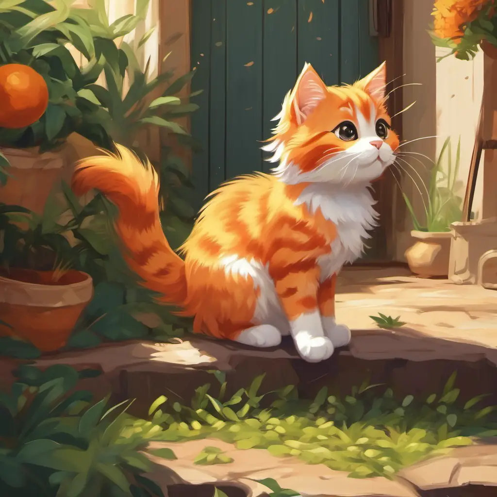 A small cat with orange fur, playful and curious, with sticky paws, walked around the house leaving a trail of rice.