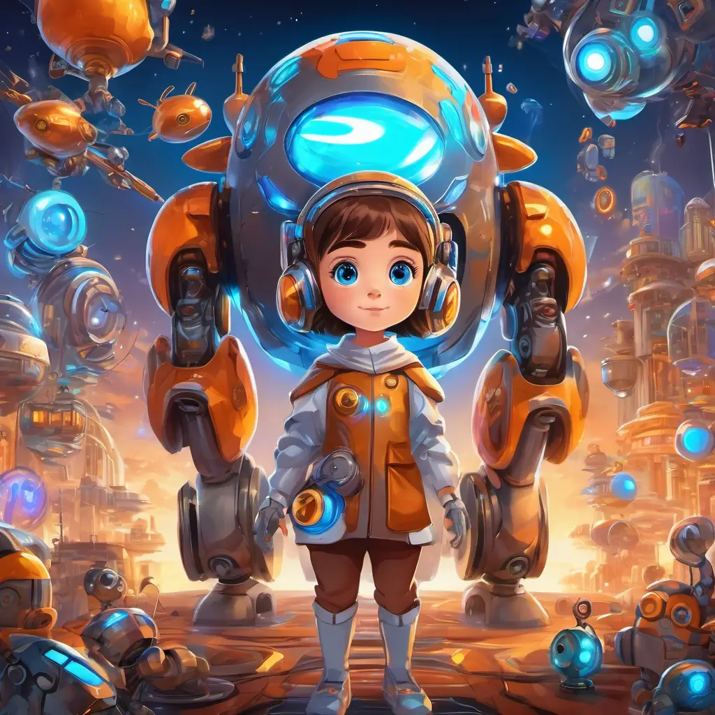 A picture of A little girl with brown hair and bright blue eyes holding A shiny silver robot with glowing orange eyes and antennas, with colorful gadgets and technology surrounding them.