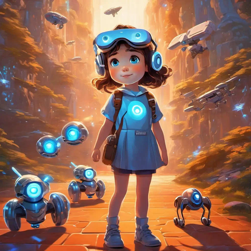 A picture of A little girl with brown hair and bright blue eyes and A shiny silver robot with glowing orange eyes and antennas exploring a virtual reality world, with drones flying in the background.