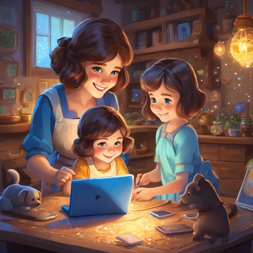 A picture of A little girl with brown hair and bright blue eyes helping her friends and grandma with their devices, with a smiling face and sparkles around her.