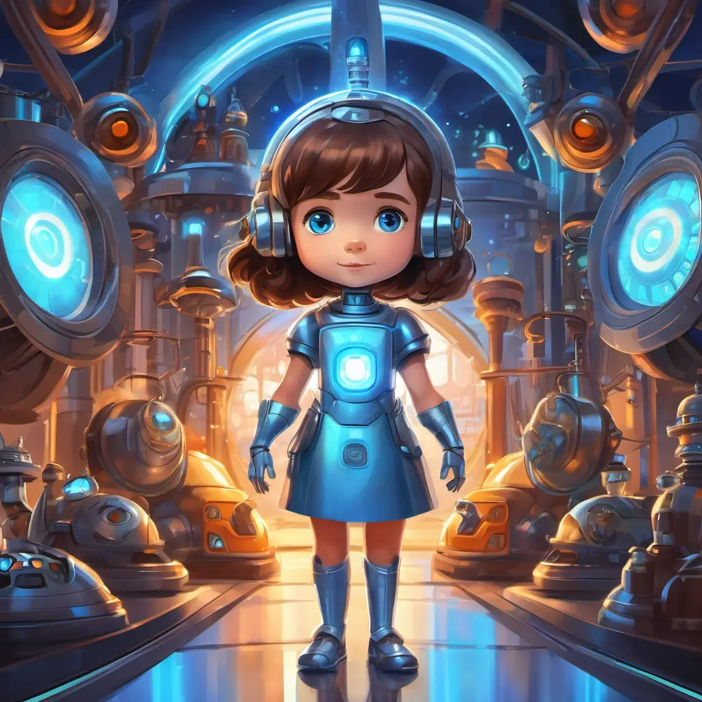 A picture of A little girl with brown hair and bright blue eyes and A shiny silver robot with glowing orange eyes and antennas in a mysterious lab, with a time machine in the background.