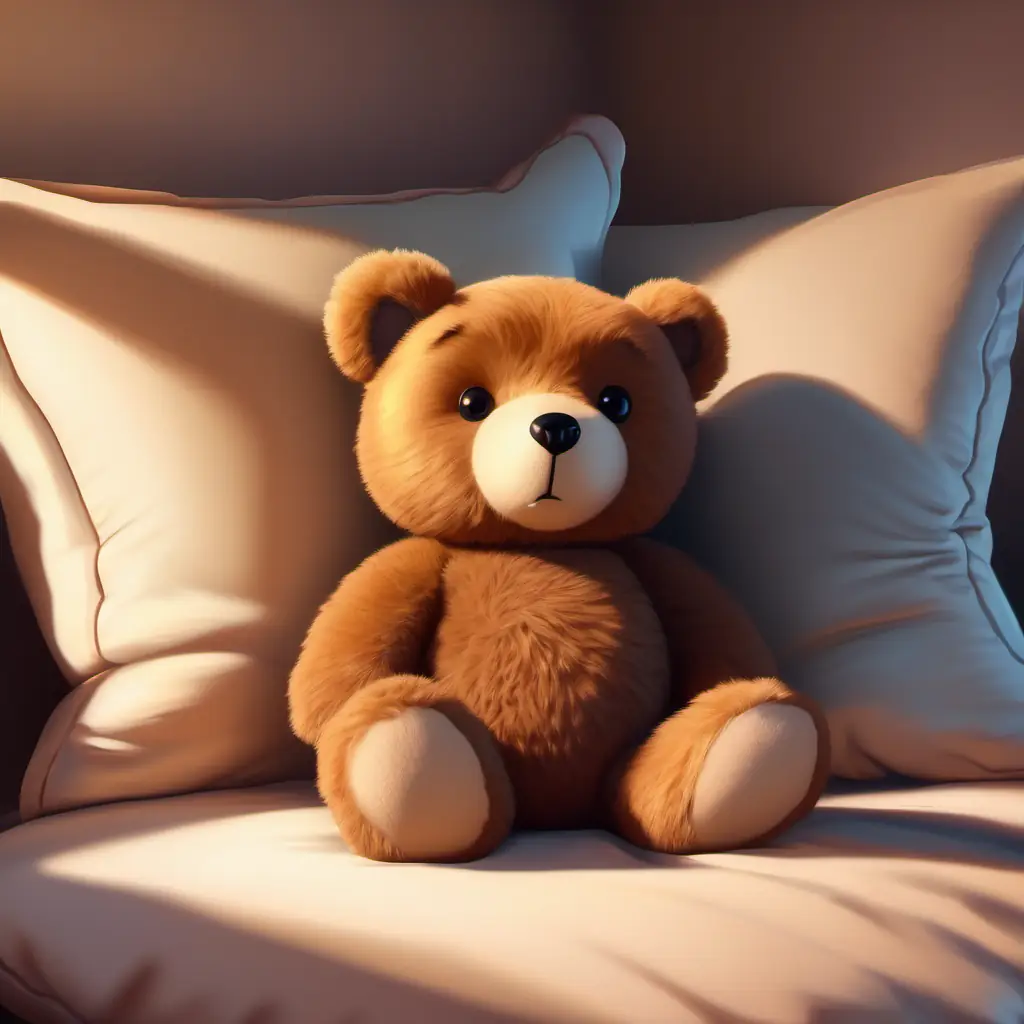 Introduction to Teddy, named Small, cuddly bear with brown fur and shiny black eyes, resting on a pillow.