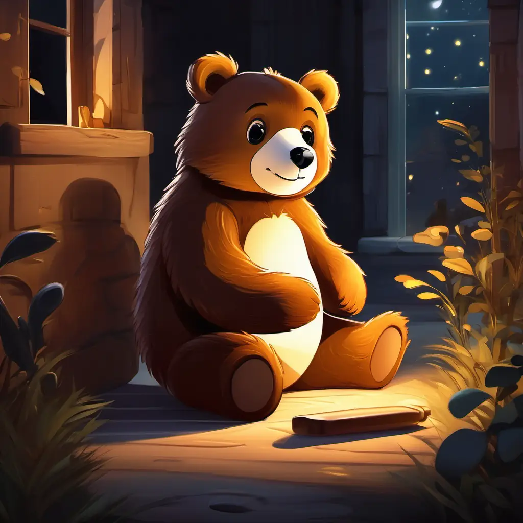 Revealing the secret of Small, cuddly bear with brown fur and shiny black eyes coming to life at night.