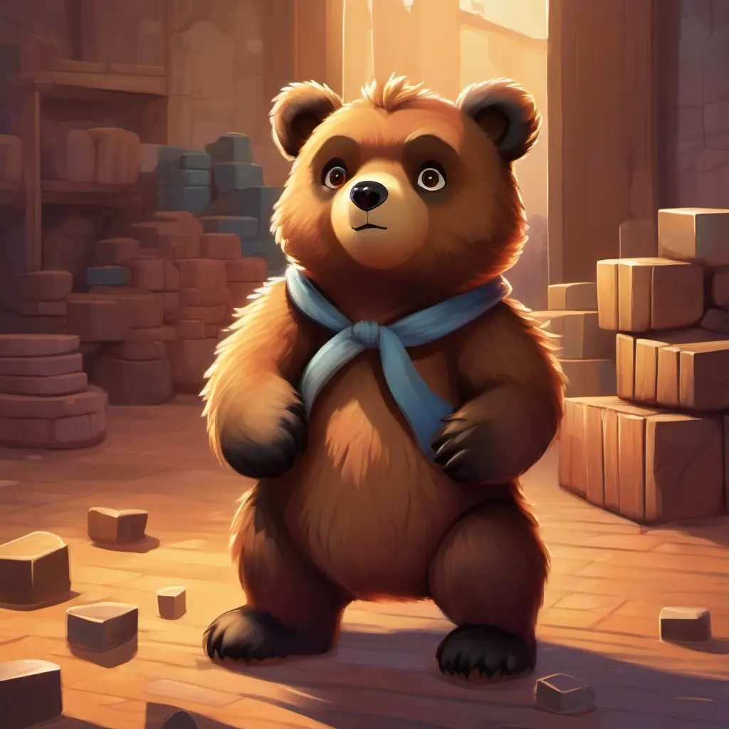 Small, cuddly bear with brown fur and shiny black eyes cleans up using a sequence, returning each block to its place.