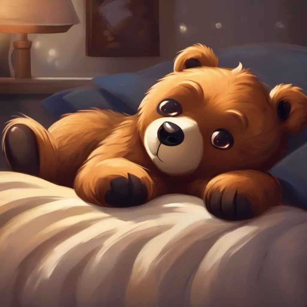 Small, cuddly bear with brown fur and shiny black eyes goes back to the pillow, pretending to be asleep again.