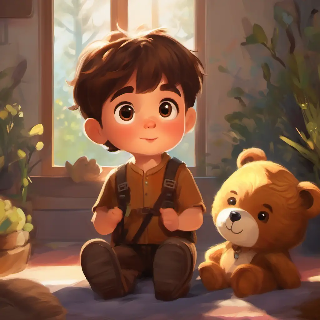 Morning comes, A young child with a curiosity for adventure, short brown hair wakes up, everything is tidy and Small, cuddly bear with brown fur and shiny black eyes is ready.