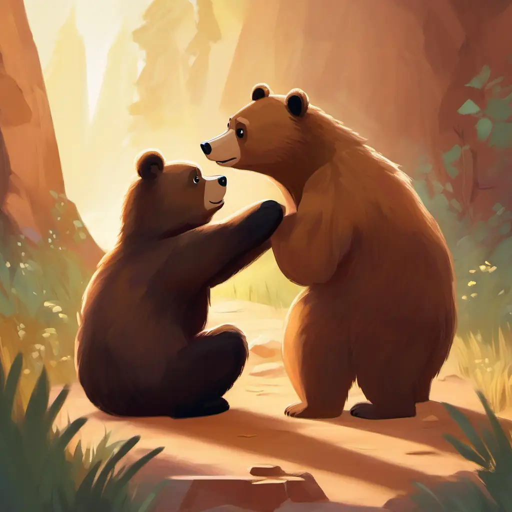 Small, cuddly bear with brown fur and shiny black eyes decides to play with A young child with a curiosity for adventure, short brown hair's blocks.