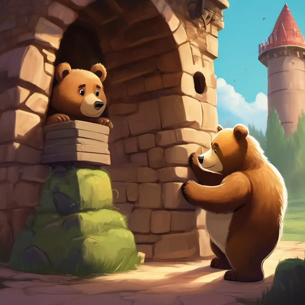 Small, cuddly bear with brown fur and shiny black eyes encounters a problem with the wobbly tower.