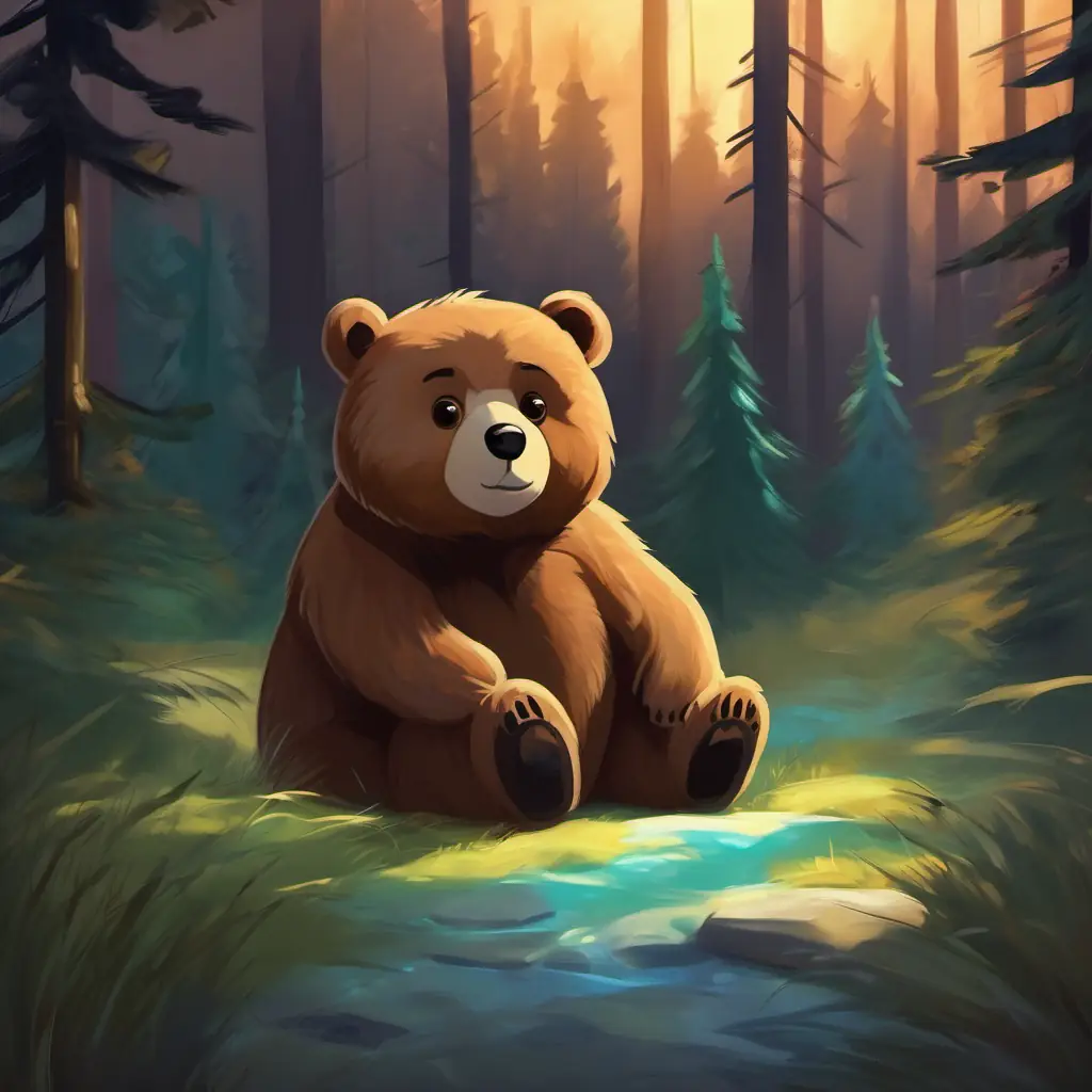 Small, cuddly bear with brown fur and shiny black eyes hears a noise and becomes alert.