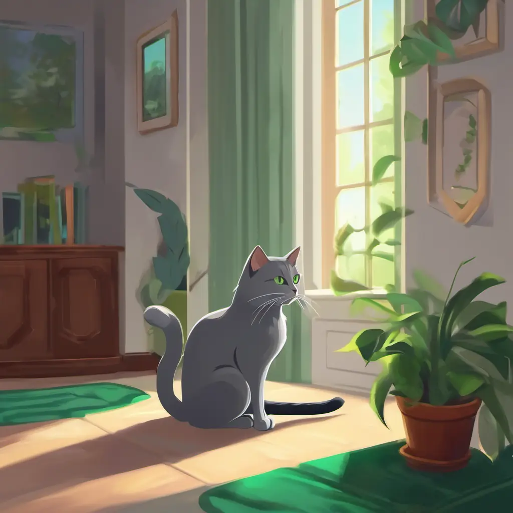 The noise was the family cat, A sleek, gray cat with expressive green eyes and a long tail, in the room.