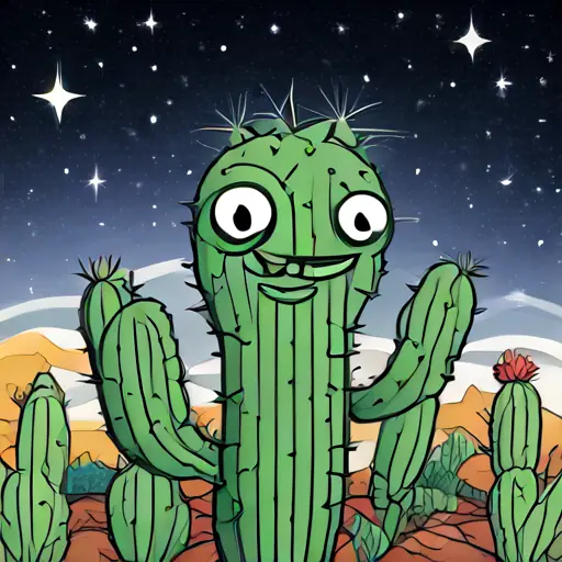 Green cactus with bright eyes, longs for a hug looks to the stars, filled with yearning.
