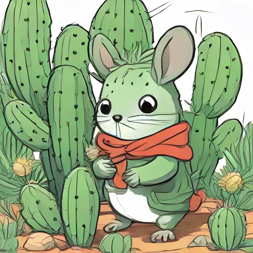 Green cactus with bright eyes, longs for a hug inquiring about Small mouse with clever eyes, wearing a soft coat's protective coat.