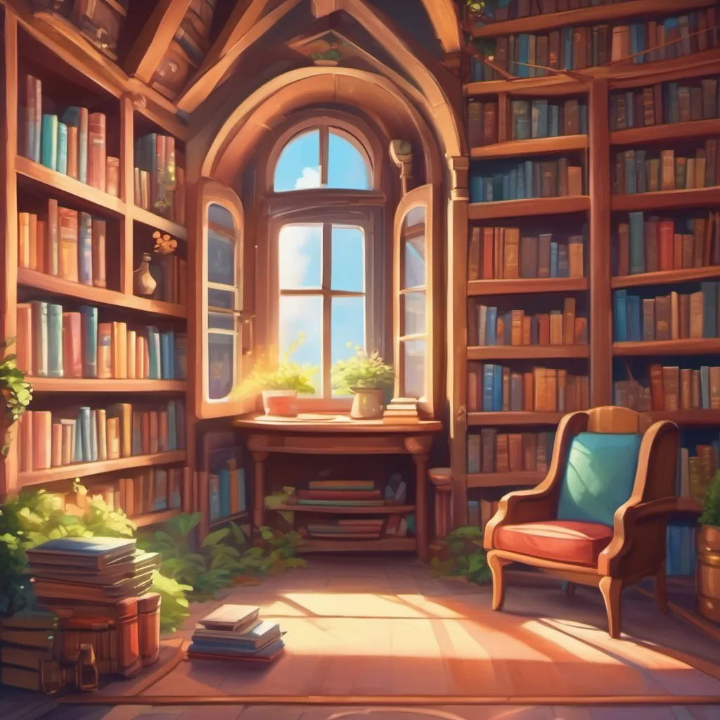 A whimsical library corner with a secret, small door hidden behind a shelf, sunlight streaming through a window.