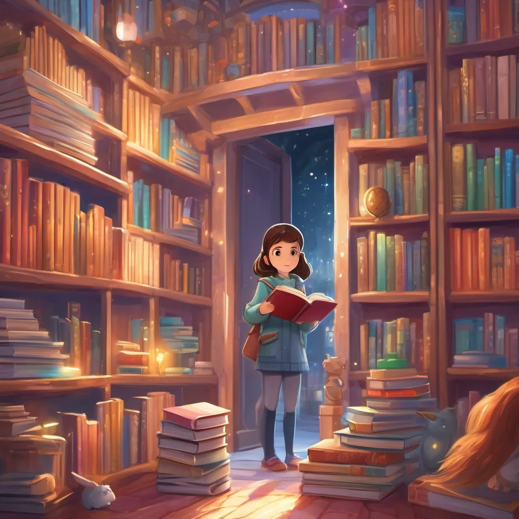 A curious and brave young girl with a love for reading, dressed in casual clothes, with bright eyes and an imaginative spirit peeking into a magical room filled with sparkling books and glowing walls.