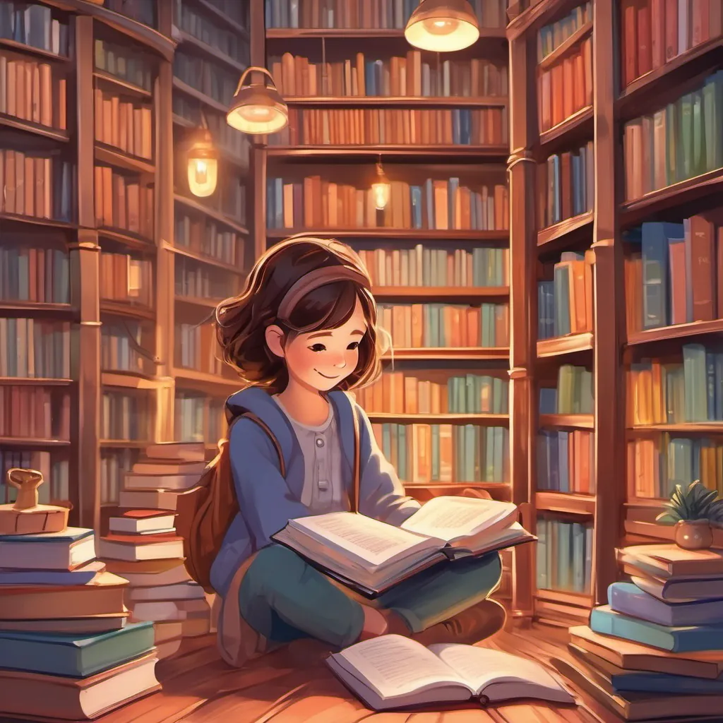 A curious and brave young girl with a love for reading, dressed in casual clothes, with bright eyes and an imaginative spirit happily reading at a cozy corner of the library, books piled high around her, smiling with contentment.