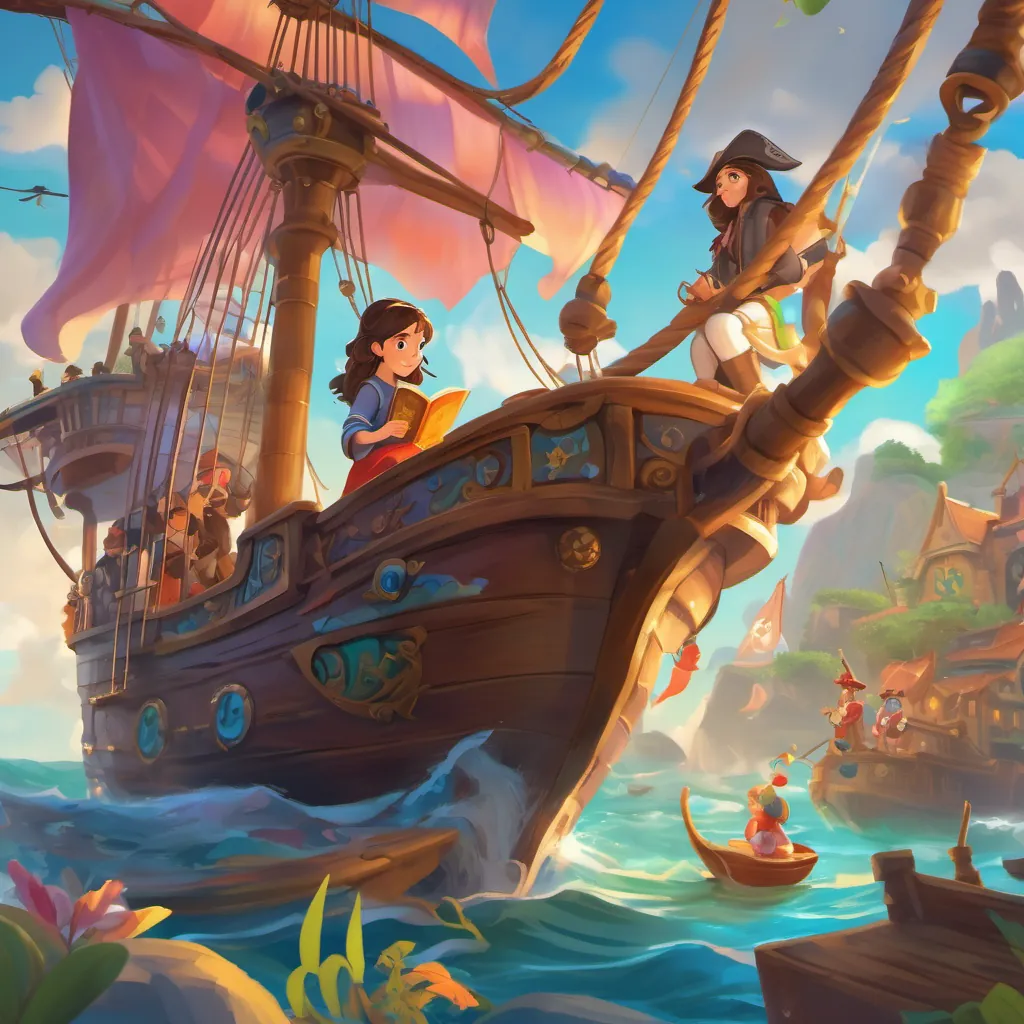 A curious and brave young girl with a love for reading, dressed in casual clothes, with bright eyes and an imaginative spirit magically transported onto a pirate ship with colorful sails, surrounded by a cheerful pirate crew.
