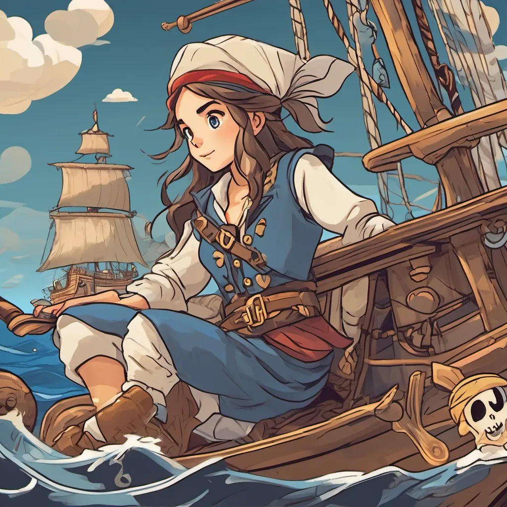 A curious and brave young girl with a love for reading, dressed in casual clothes, with bright eyes and an imaginative spirit and A jolly pirate with a blue beard, wearing a pirate hat and traditional pirate attire, friendly and adventurous on a pirate ship, navigating treacherous waters with determination and courage.