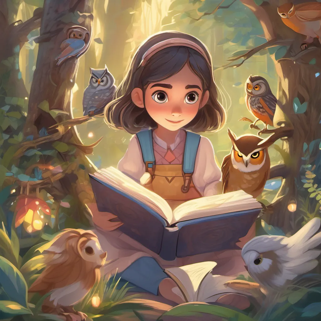 A curious and brave young girl with a love for reading, dressed in casual clothes, with bright eyes and an imaginative spirit in an enchanted forest with talking animals, an owl perched on a branch singing a melodic tune.