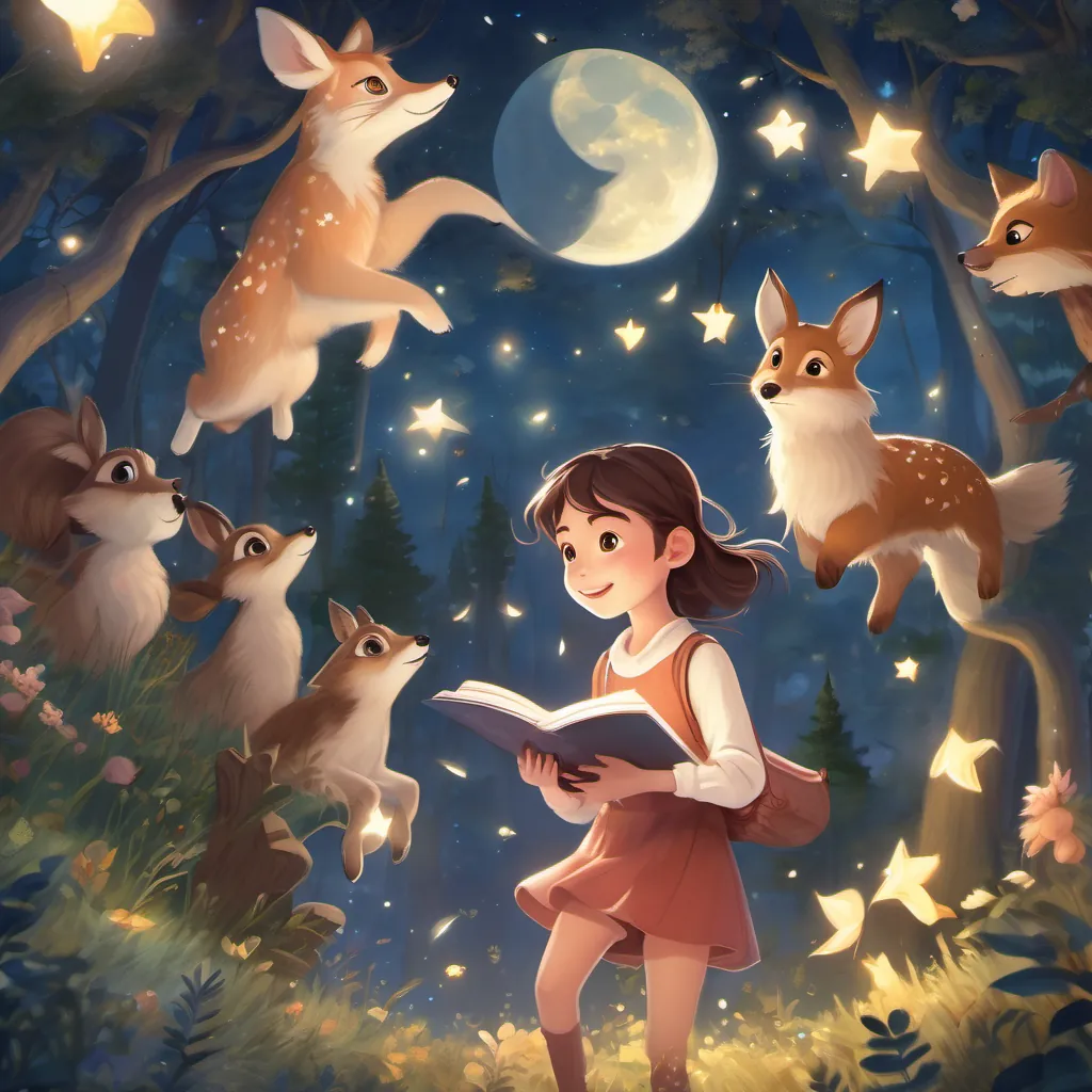 A curious and brave young girl with a love for reading, dressed in casual clothes, with bright eyes and an imaginative spirit dancing with forest animals under a moonlit sky, surrounded by soft glow and sparkling stars.