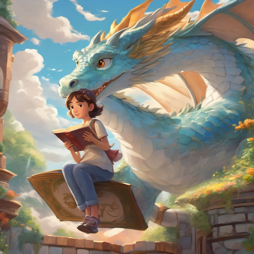 A curious and brave young girl with a love for reading, dressed in casual clothes, with bright eyes and an imaginative spirit riding a majestic dragon, flying through white, fluffy clouds with a blue sky stretching endlessly.