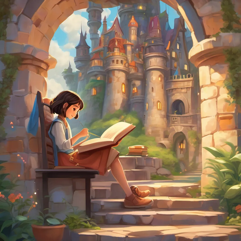 A curious and brave young girl with a love for reading, dressed in casual clothes, with bright eyes and an imaginative spirit and Blaze visiting floating castles, sharing moments of wisdom and courage through their magical journey.